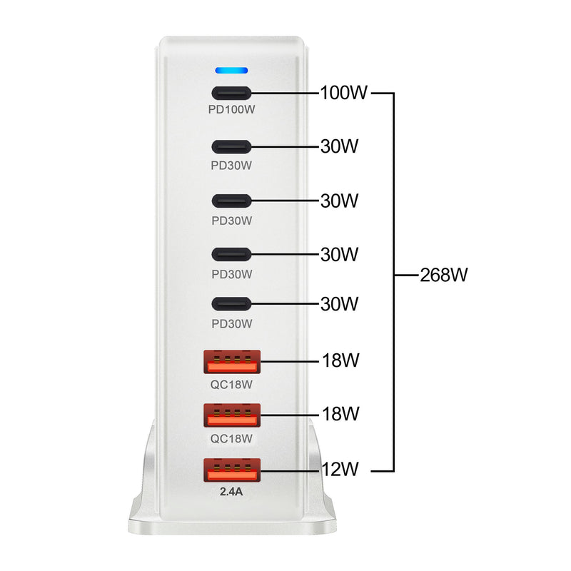 Chargeur USB C 268W, 8 Ports, Station de charge USB de bureau, 100W, pour téléphone et ordinateur portable