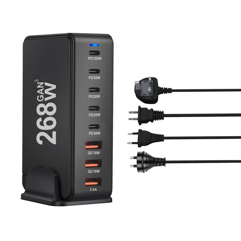 Chargeur USB C 268W, 8 Ports, Station de charge USB de bureau, 100W, pour téléphone et ordinateur portable